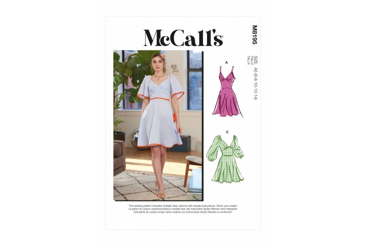 M8195 McCalls Misses' Picnic Flared Skirt Dress with Sweetheart Fitted Bodice with 3 Sleeve Options 