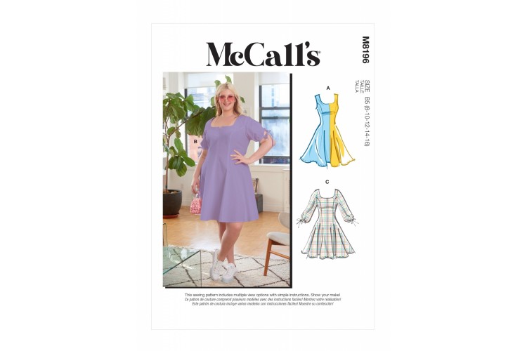 M8196 McCalls Misses' Fit & Flare Dress with a Square Neckline and Sleeveless, Short or 3/4 Sleeves