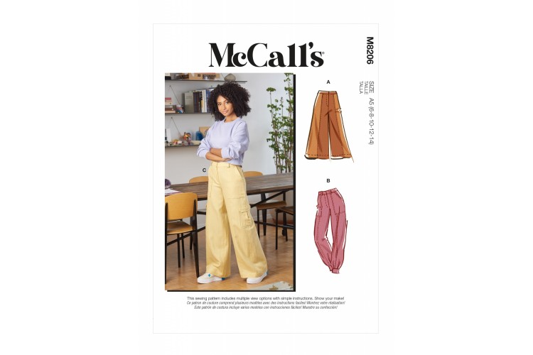 M8206 McCalls Misses' Carpenter, Cargo or Wide Leg Color Blocked Trouser