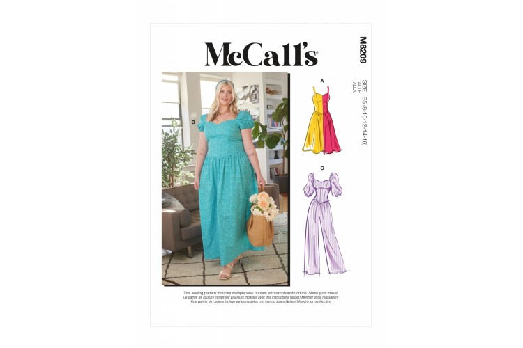 M8209 McCalls Misses' Princess Seam Dress and Jumpsuit with Corset Style Bodice also includes Plus Size