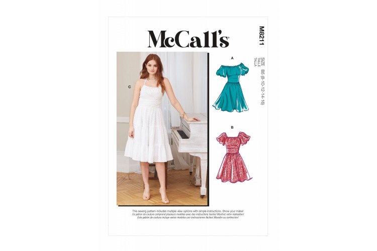 M8211 McCalls Gathered Fit & Flare Mid Length Dress with Several Options and Plus Size Option