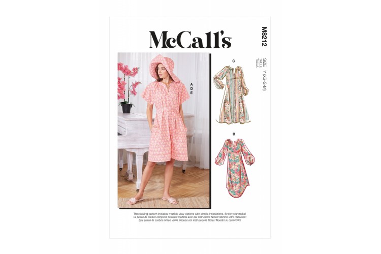 M8211 McCalls Pull Over Raglan Sleeve Tunic Dresses 2 Sleeve and 3 Hem Styles Including a Wide Brim Sun Hat