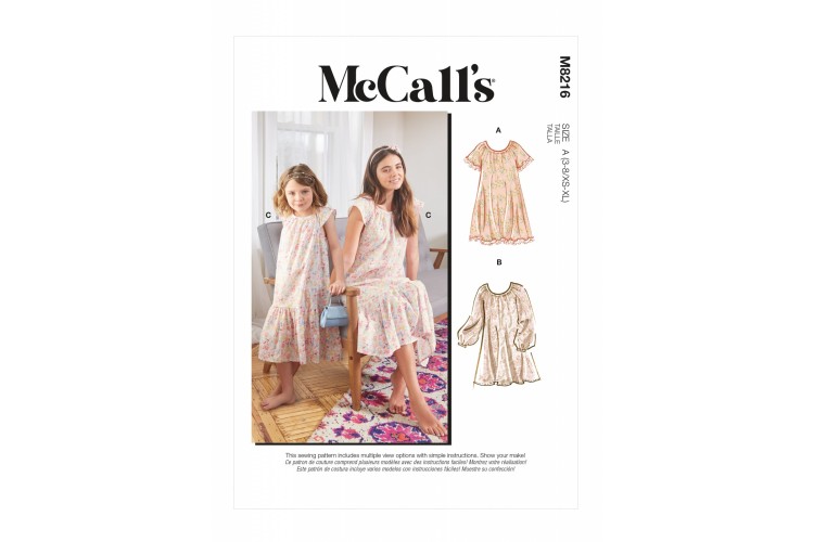 M8216 McCalls Misses' and Children Floaty Dress with Gathered Neckline 3 Sleeve 2 Lengths and Tier Options
