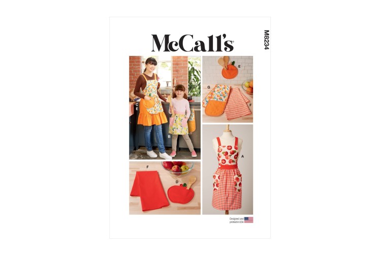 M8234 Children's and Misses' Aprons, Potholders and Tea Towel