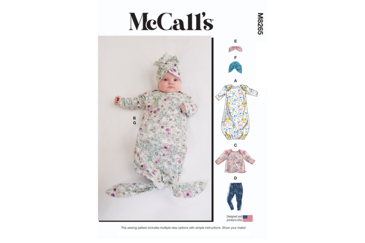 M8265 Infants' Gown, Top, Pants, Headband and Hat