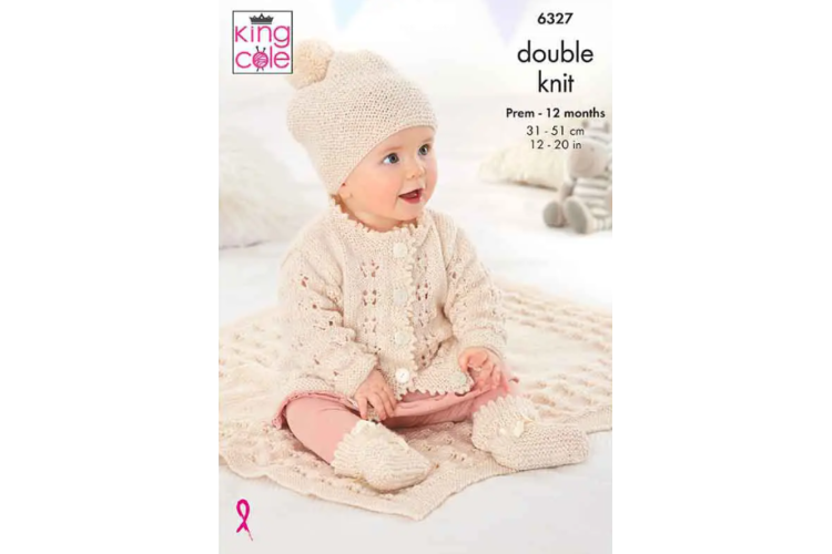 Matinee Coat, Cardigan, Hats, Bootees and Blanket knitted in Glitz DK - 6327