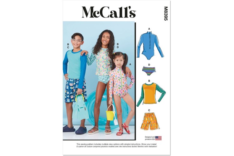 McCall's M8395 Children's, Girls' and Boys' Rash Guard Bodysuit, Top, Shorts and Bikini