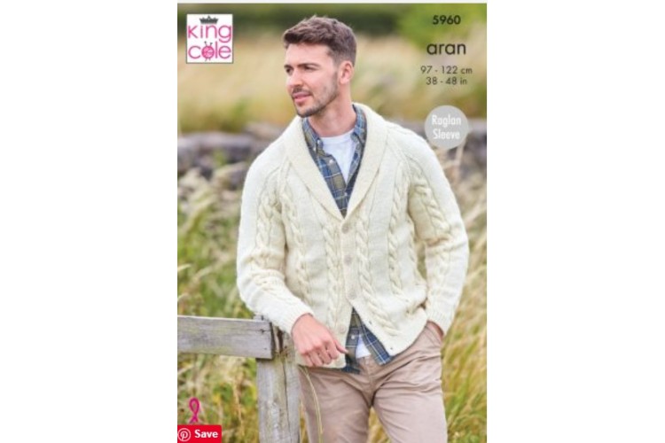 Mens V and Shawl Collared Cardigans: Knitted in King Cole Wool Aran - 5960