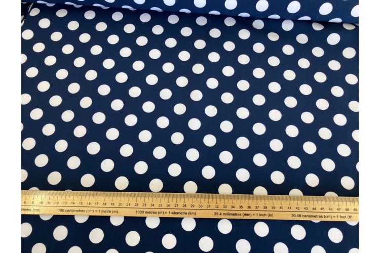 Navy and White Large Polka Dot Jersey 100% Polyester 134cm Wide