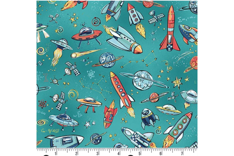 Orbit by Makower - Rockets Teal 100% Cotton 112cm wide