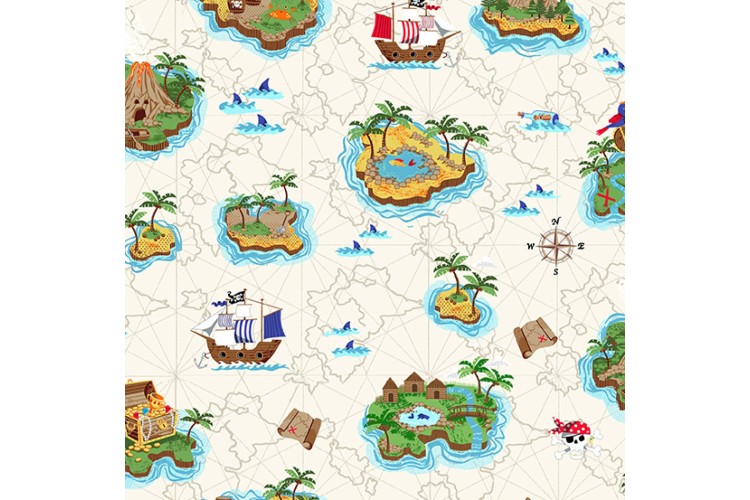 Pirates Island Map 112cm Wide 100% Cotton