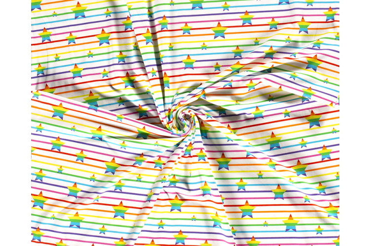 Rainbow Star Stripe Jersey 150cm Wide 95% Cotton, 5% Elastane