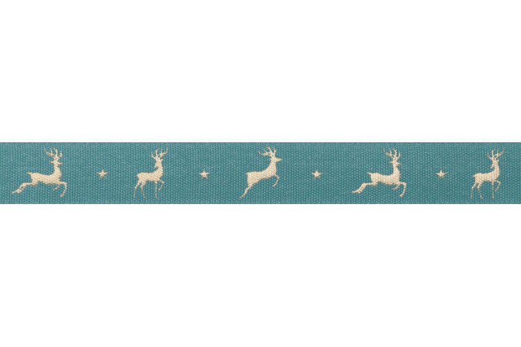 Reindeer Flight Ribbon 15mm - Petrol and Gold