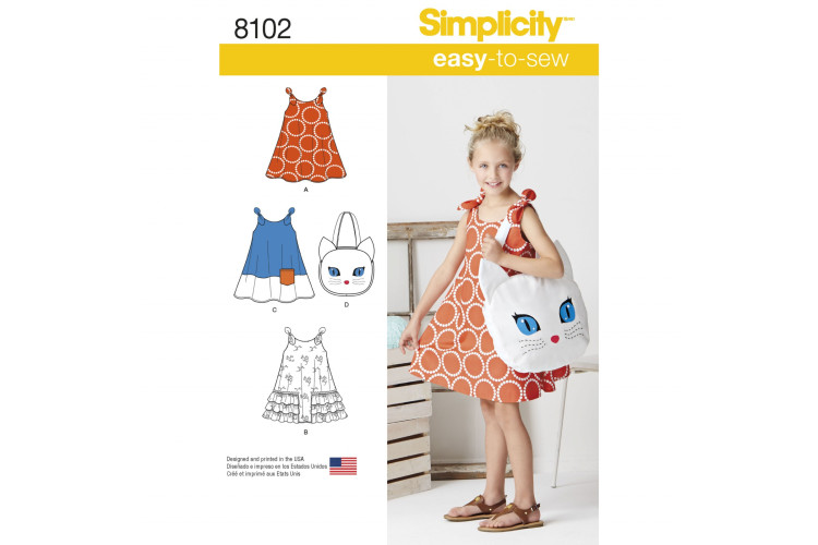 S8102 Child's Easy-to-Sew Sundress and Kitty Tote
