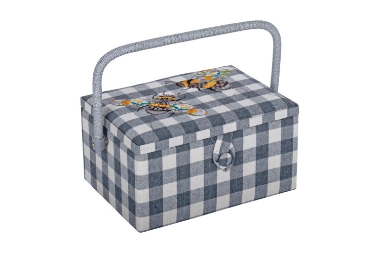 Sewing Box (M) Embroidered Lid - Grey Gingham Bee