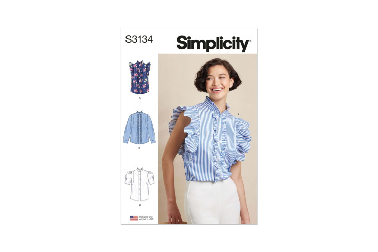 Simplicity S3134 Misses' Ruffled Button Front Top with Sleeve Variations