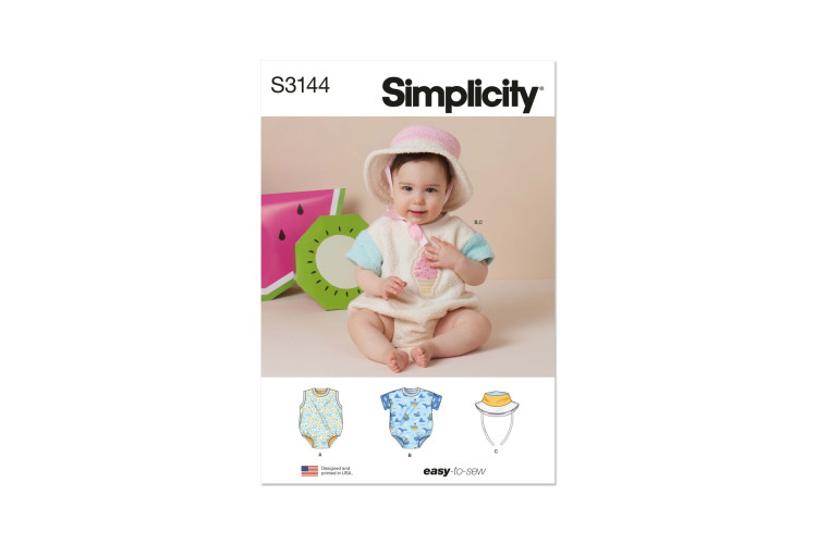 Simplicity S3144 Babies' Contrast Bodysuit and Bucket Hat