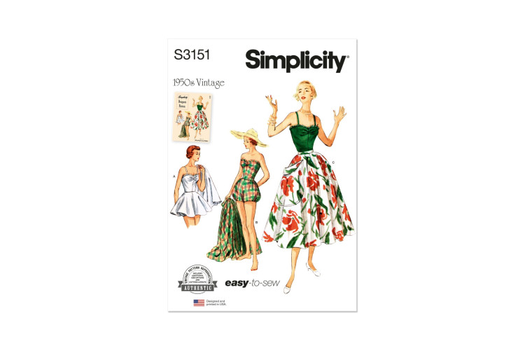 Simplicity S3151 - 1950s Misses' One Piece Bathing Suit and Skirt