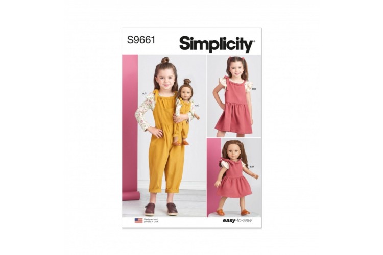 Simplicity S9661 Children's Knit Tops, Overalls, and Pinafore and Doll Clothes for 18