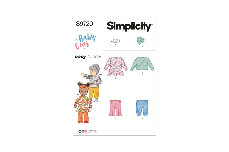 Simplicity S9720 Babies' Knit Dress, Top, Pants, Hat and Headband in Sizes S-M-L