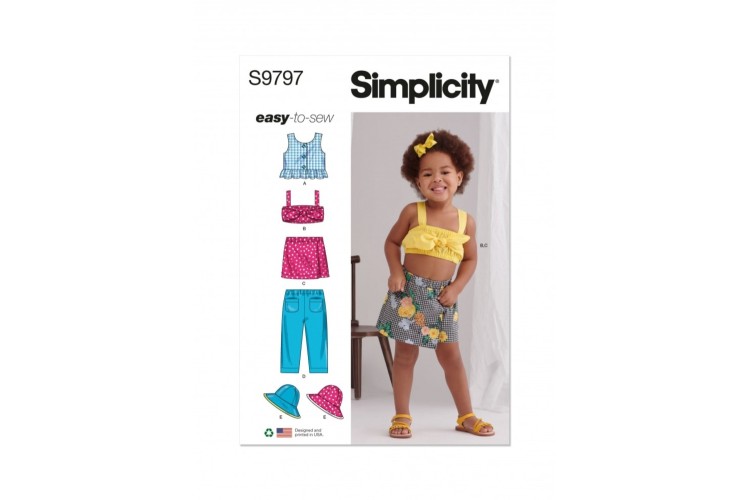 Simplicity S9797 Toddlers' Tops, Skort, Trousers and Hat in Three Sizes