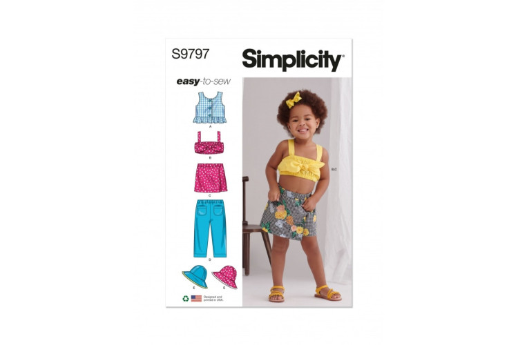 Simplicity S9797 Toddlers' Tops, Skort, Trousers and Hat in Three Sizes