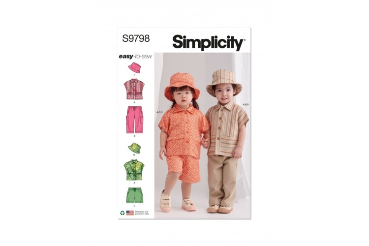 Simplicity S9798 Toddlers' Top, Trousers, Shorts and Hat in Three Sizes