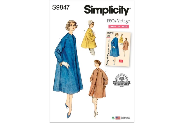 Simplicity S9847 Misses' Vintage 50s Misses' Coat in Three Lengths