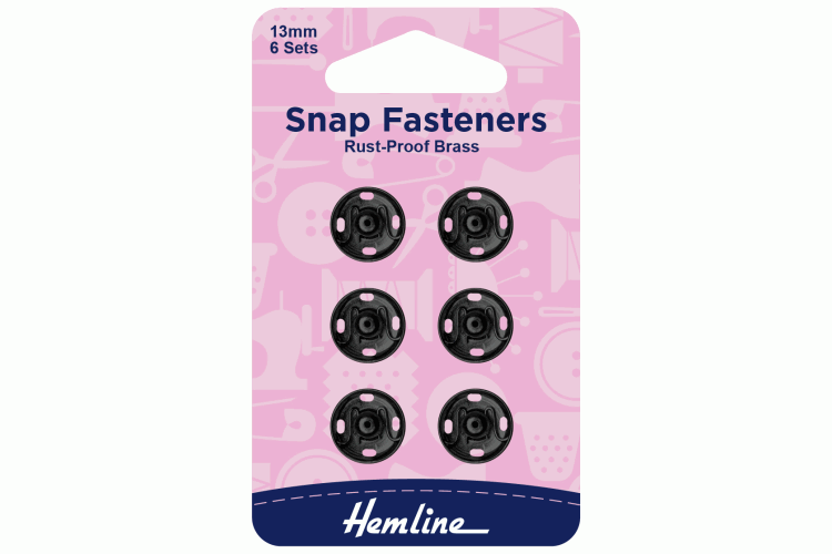 Snap Fasteners, Sew-on, Black, 13mm, Pack of 6