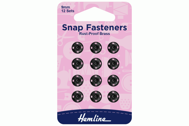 Snap Fasteners, Sew-on, Black, 9mm, Pack of 12