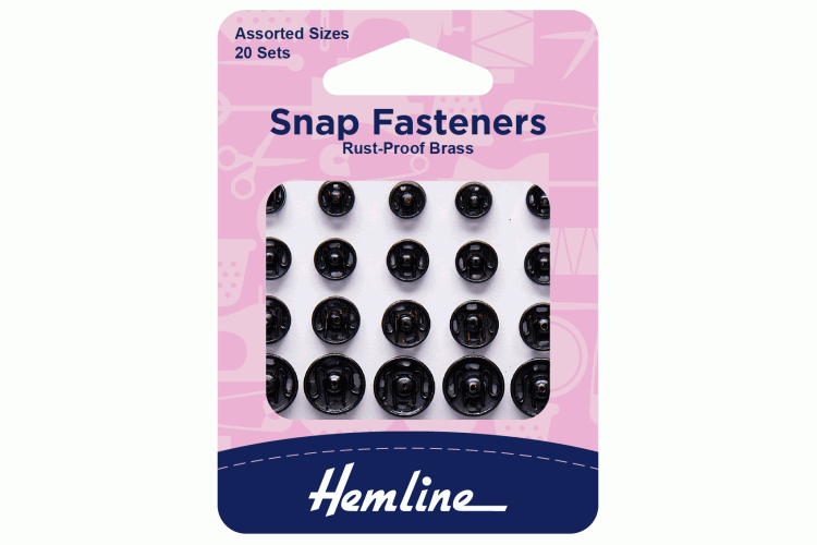 Snap Fasteners, Sew-on, Black, Assorted Sizes, Pack of 20