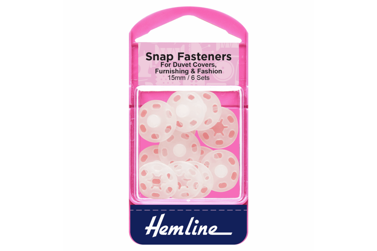 Snap Fasteners, Sew-on, Clear (Plastic) 15mm, Pack of 6