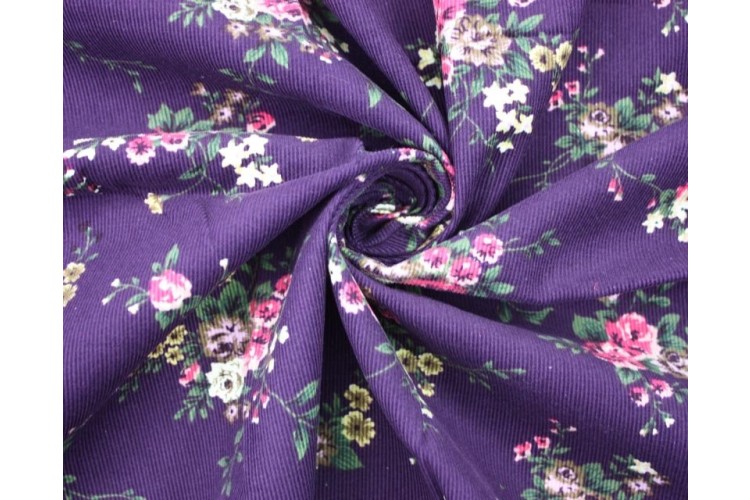 BOLT END Vintage Floral Purple Needlecord 100% Cotton 111cm Wide