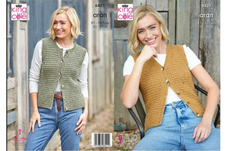 Waistcoats: Knitted in King Cole Homespun Aran - 6421